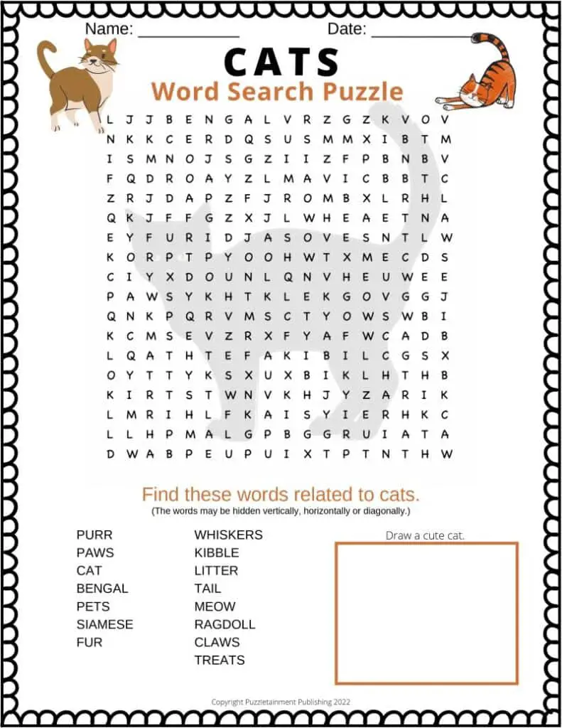 Cats word search puzzle. Free downloadable Cats word search PDF
